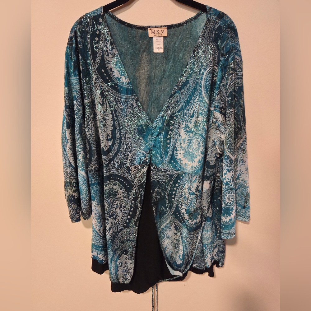 MKM Designs Sparkly Teal Paisley Top Size 3X